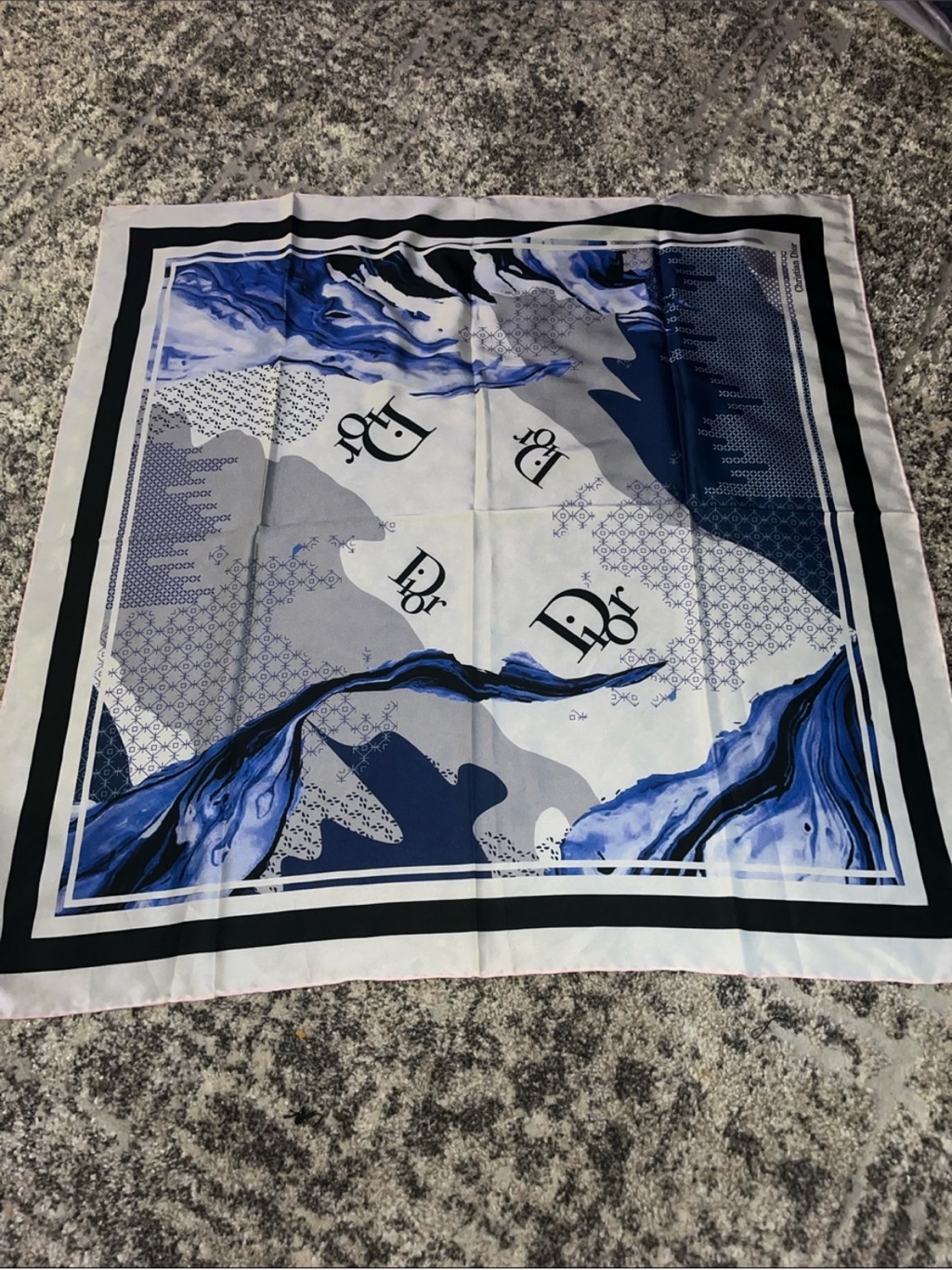 Dior Blue Navy  White Marble Logo Silk Scarf